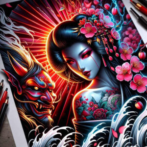 geisha tattoo design ideas Surrealism distorted reality artistic detail for behind ear