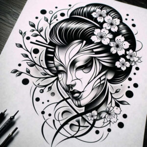 geisha tattoo design ideas accent shading artistic for full back