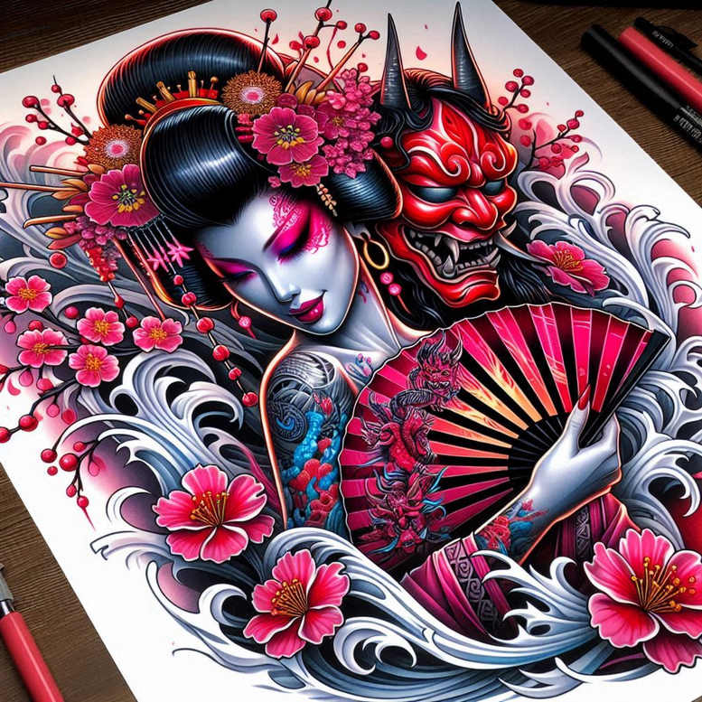 geisha tattoo design ideas Surrealism timeless artistic for lower back