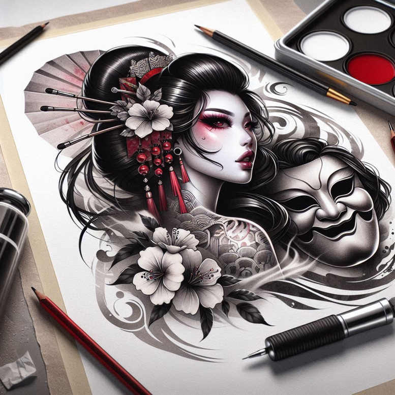 geisha tattoo design ideas Surrealism hallucinogenic cultural strength and power