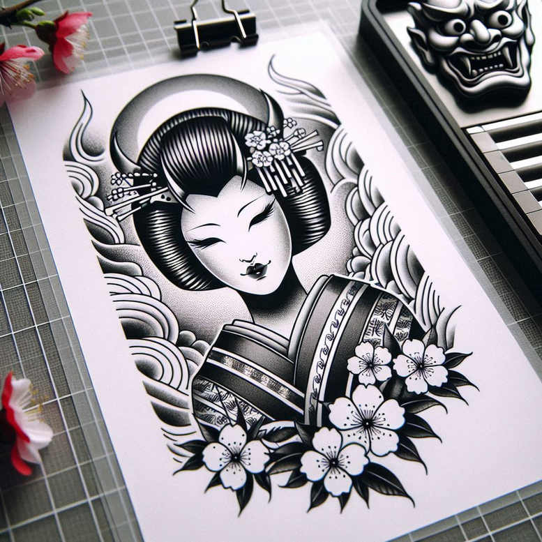 geisha tattoo design ideas spectral hues delicate shading for forearm