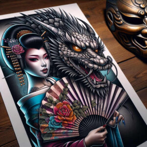 geisha tattoo design ideas Surrealism symbolism delicate shading symbolising resilience