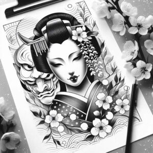 geisha tattoo design ideas Surrealism visual paradox detailed faces for back