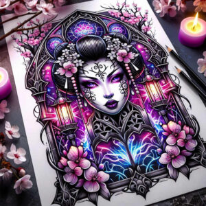 geisha tattoo design ideas Surrealism fantasy-inspired detailed faces perseverance and power