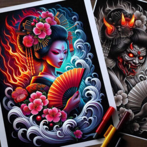 geisha tattoo design ideas Surrealism fantasy-inspired detailed hair for back