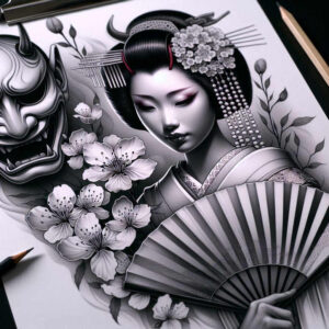 geisha tattoo design ideas Surrealism unconscious imagery detailed hair stands for endurance