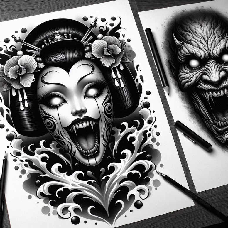 geisha tattoo design ideas textured shading detailed hair symbol of perseverance