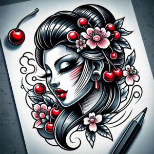 geisha tattoo design ideas Surrealism hyperreal detailed hair symbol of strength