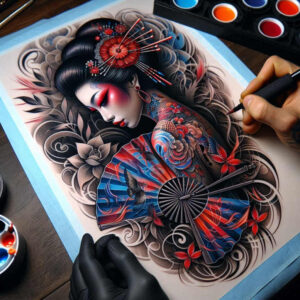 geisha tattoo design ideas Surrealism phantom detailed hair symbolising courage