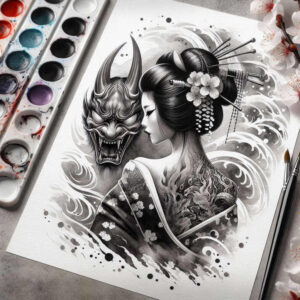 geisha tattoo design ideas Surrealism shifting shapes detailed kimono courage and power