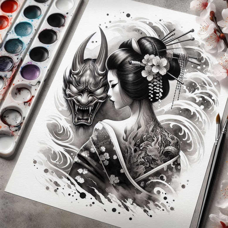 geisha tattoo design ideas Surrealism shifting shapes detailed kimono courage and power