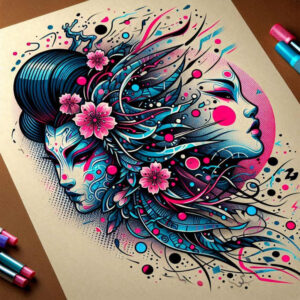 geisha tattoo design ideas Realism smooth gradients detailed kimono for temple