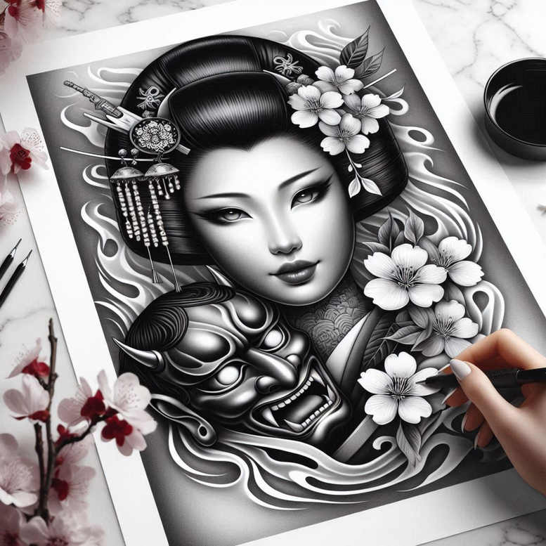 geisha tattoo design ideas layered fill elegant embodying determination