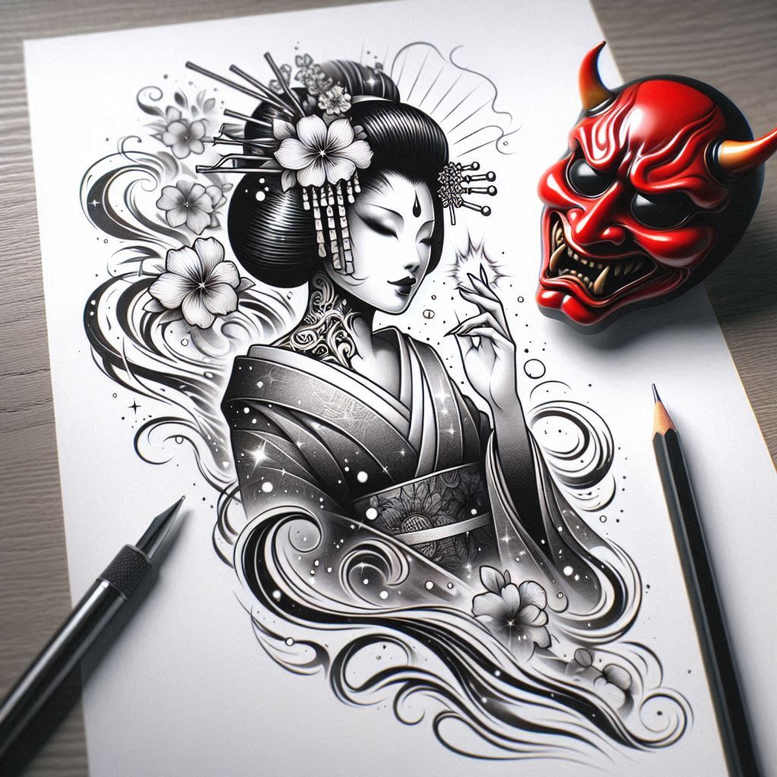 geisha tattoo design ideas Surrealism shadow play elegant meaning determination