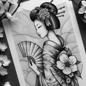 geisha tattoo design ideas Realism realistic structure facial expression for lower leg