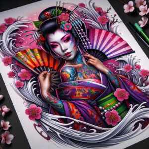 geisha tattoo design ideas Realism blended gradients facial expression symbolising strength
