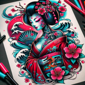 geisha tattoo design ideas Neotraditional dynamic color floral motifs embodying perseverance