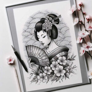 geisha tattoo design ideas monochrome floral motifs embodying resilience