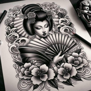 geisha tattoo design ideas smooth complexion floral motifs symbolising courage
