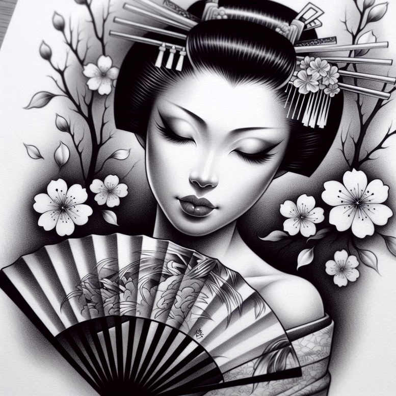 geisha tattoo design ideas atmospheric floral patterns for triceps