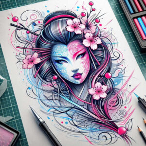 geisha tattoo design ideas realistic shadowing graceful posture for knee