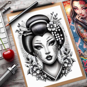 geisha tattoo design ideas smooth gradients graceful posture for sternum
