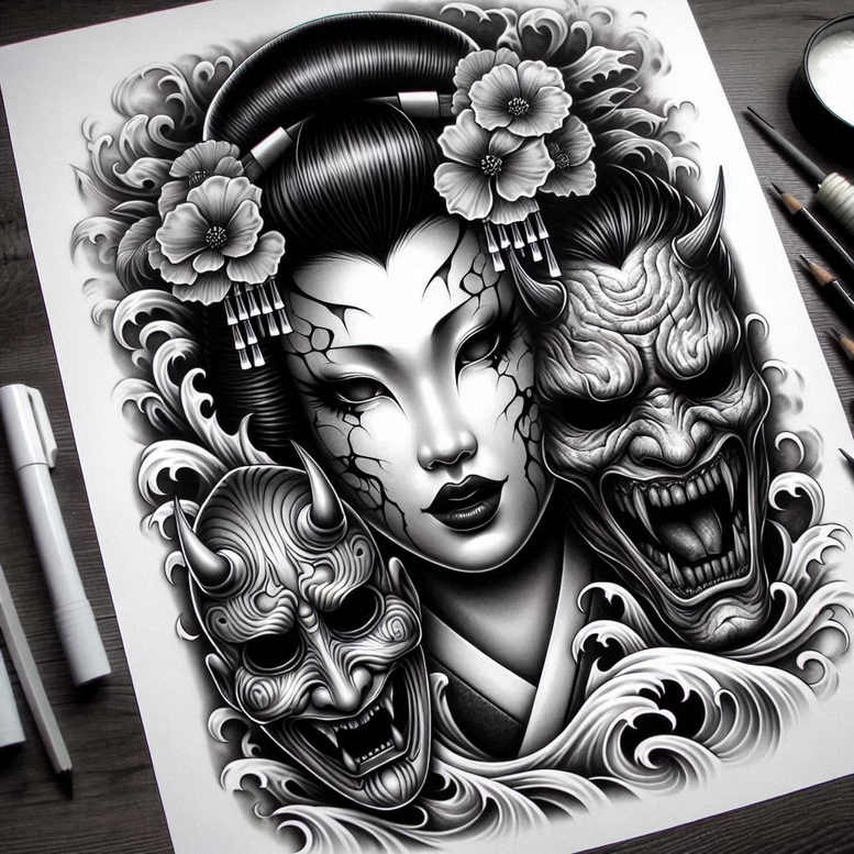 geisha tattoo design ideas Surrealism ghostly shapes hair ornaments symbol of courage