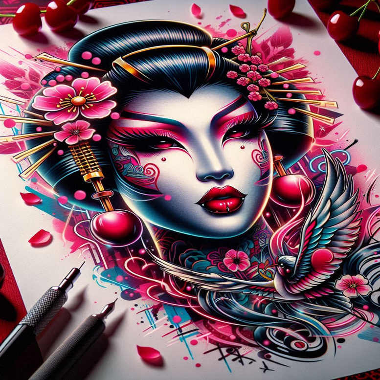 geisha tattoo design ideas Surrealism visionary kimono symbol of endurance