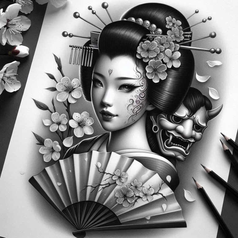 geisha tattoo design ideas true-to-life ornamental design for lower thigh