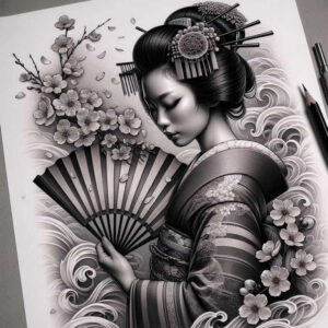 geisha tattoo design ideas realistic movement ornamental design for stomach