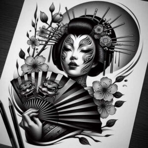 geisha tattoo design ideas Realism soft contrast ornamental for ribs