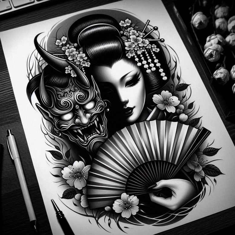 geisha tattoo design ideas Surrealism fantastical refined determination and power