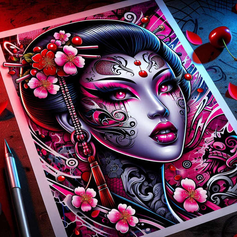geisha tattoo design ideas Surrealism dreamlike serene for ribs