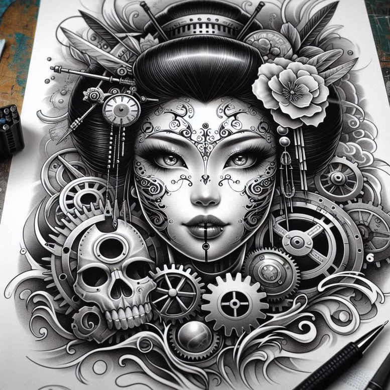 geisha tattoo design ideas Surrealism fluid forms soft lines for hand