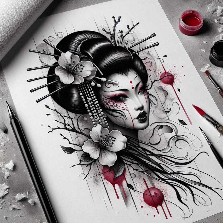 geisha tattoo design ideas clean fill soft lines for hip