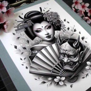 geisha tattoo design ideas Surrealism phantasmagoria soft lines meaning determination