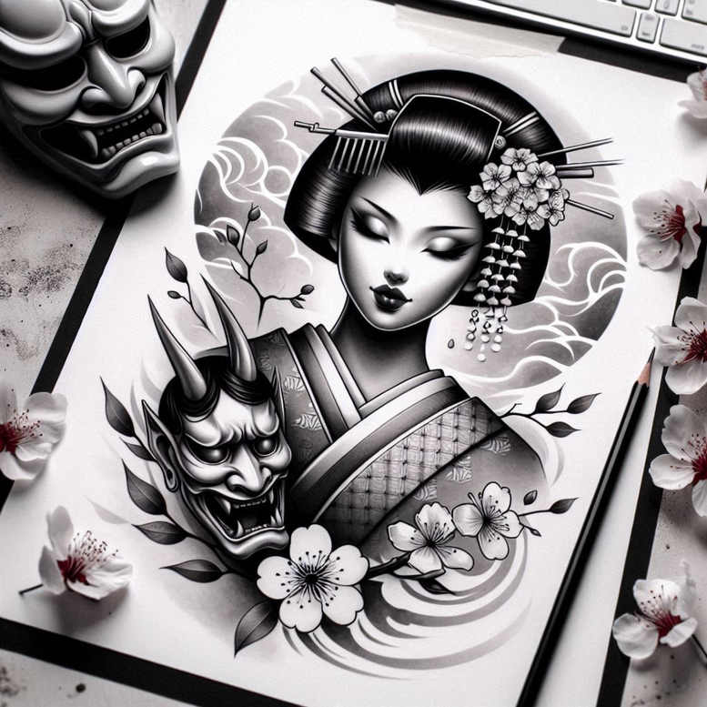 geisha tattoo design ideas Realism realistic wrinkles soft lines stands for determination