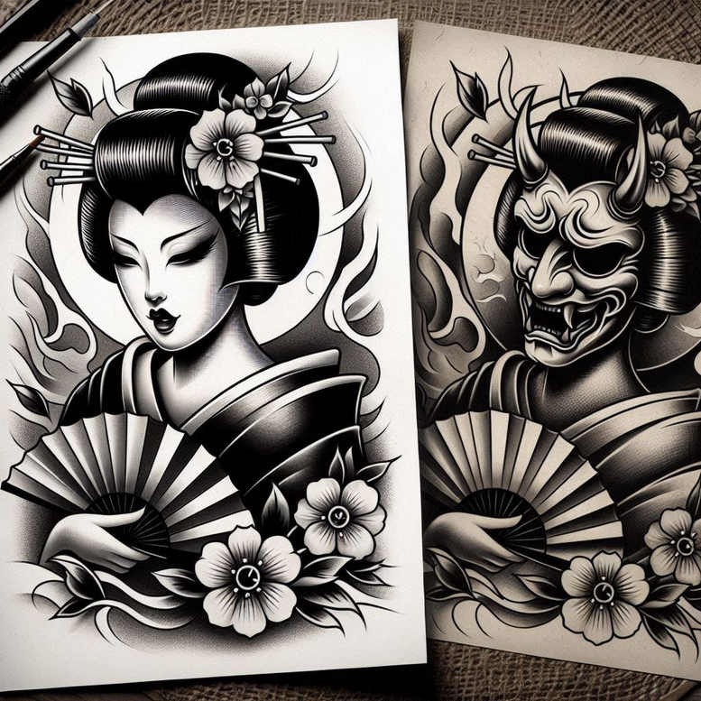 geisha tattoo design ideas Surrealism otherworldly subtle colors stands for determination