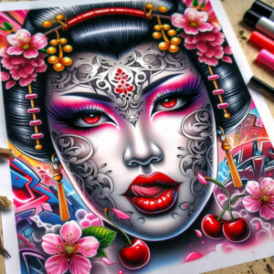 geisha tattoo design ideas Surrealism disorienting subtle colors symbol of resilience