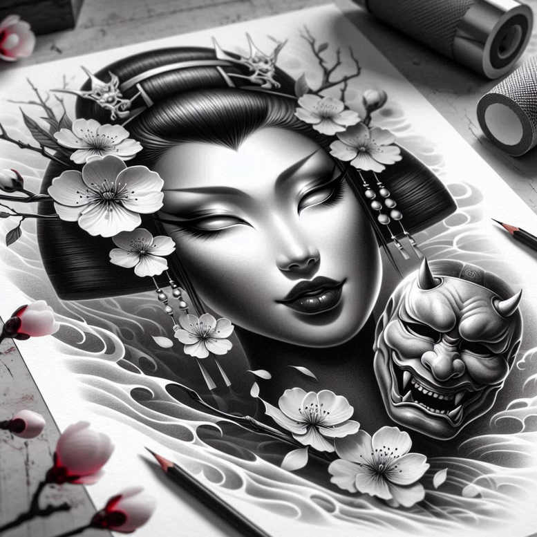 geisha tattoo design ideas line-art subtle shading embodying resilience