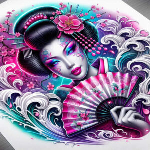 geisha tattoo design ideas Surrealism abstract subtle shading for shin