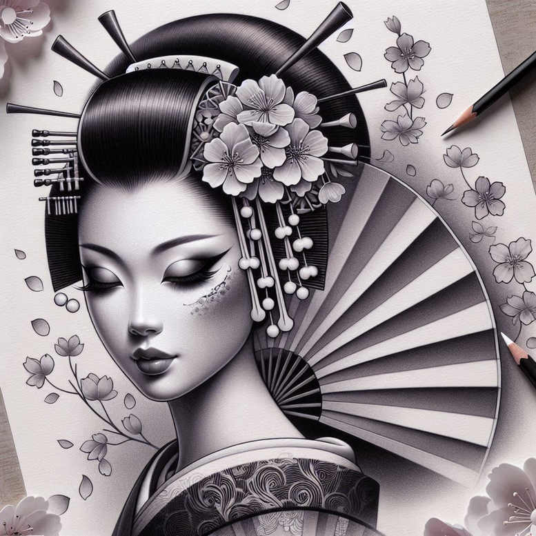 geisha tattoo design ideas Surrealism impossible forms subtle shading symbol of perseverance