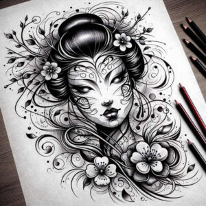 geisha tattoo design ideas Surrealism enigmatic visuals symbolic for back