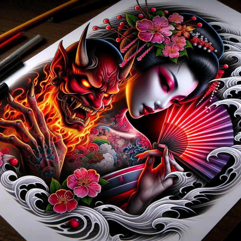 geisha tattoo design ideas Realism soft focus symbolic for upper back