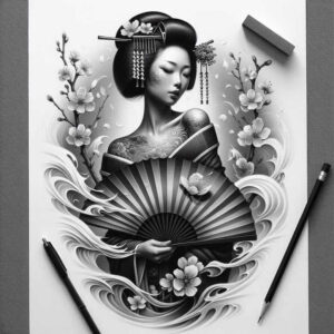 geisha tattoo design ideas dramatic lighting traditional for abdomen
