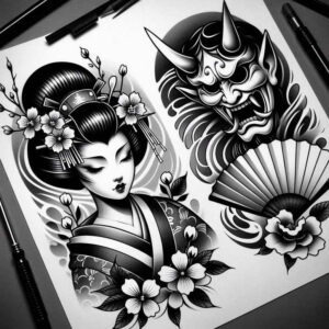 geisha tattoo design ideas Realism reflection effect traditional for side torso