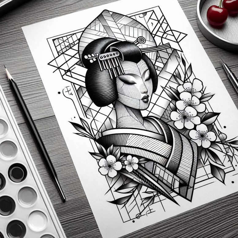 traditional-geisha – tattoo design ideas free ai generated – surrealism-chromatic-flux – for-lower-thigh – Gallery: geisha-inkby-ai