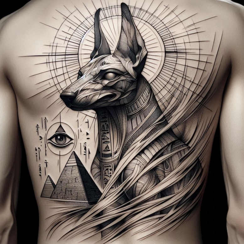 Black and grey jackal head tattoo with Eye of Horus, pyramid, hieroglyph glyphs, and radiant halo; idea for tattoo design; not suitable for cover-up.
