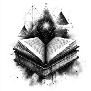 Open book in black and grey ink with visible pages; above hover geometric triangles and circles linked by lines; AI-generated tattoo project; suitable for cover-up.