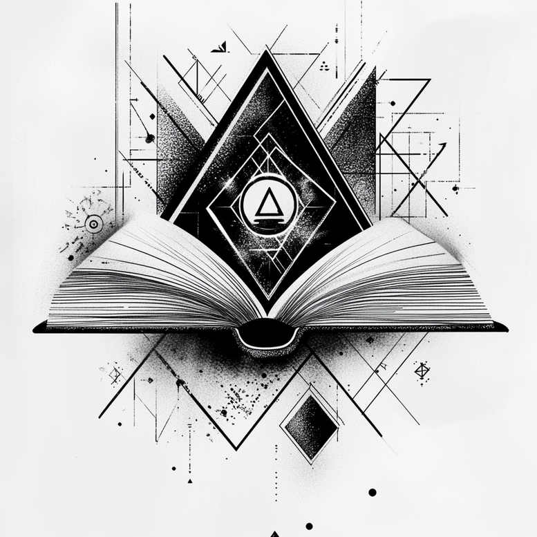 Book, diamond, triangle, circle, line, splatter; black and grey; tattoo project design; suitable for cover-up.